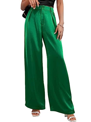 SweatyRocks Women's Pleated High Waist Satin Wide Leg Pants Casual Work Office Long Trousers with Pockets Green M