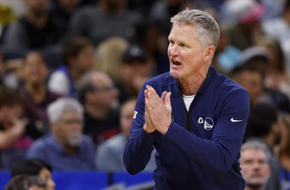 ORLANDO, FLORIDA - MARCH 27: Golden State Warriors head coach Steve Kerr looks on during a game against the Orlando Magic at Kia Center on March 27, 2024 in Orlando, Florida. NOTE TO USER: User expressly acknowledges and agrees that, by downloading and or using this photograph, User is consenting to the terms and conditions of the Getty Images License Agreement. (Photo by Mike Ehrmann/Getty Images)