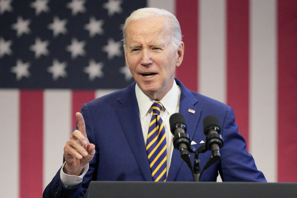 President Joe Biden speaks about the economy to union members at the IBEW Local Union 26, Wednesday, Feb. 15, 2023, in Lanham, Md. (AP Photo/Jess Rapfogel)