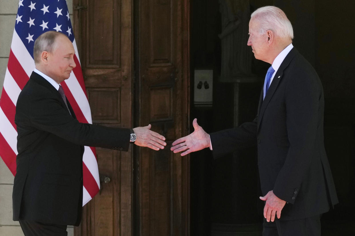 FILE - President Joe Biden and Russian President Vladimir Putin, arrive to meet at the 'Villa la Grange', in Geneva, Switzerland, June 16, 2021. (AP Photo/Alexander Zemlianichenko, File Pool)