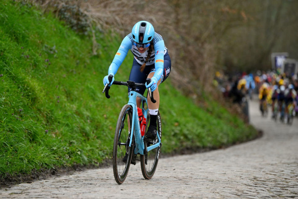 OUDENAARDE BELGIUM  APRIL 02 Lucinda Brand of The Netherlands and Team TrekSegafredo competes passing through a Koppenberg cobblestones sector during the 20th Ronde van Vlaanderen  Tour des Flandres 2023 Womens Elite a 1566km one day race from Oudenaarde to Oudenaarde  UCIWWT  on April 02 2023 in Oudenaarde Belgium Photo by Luc ClaessenGetty Images
