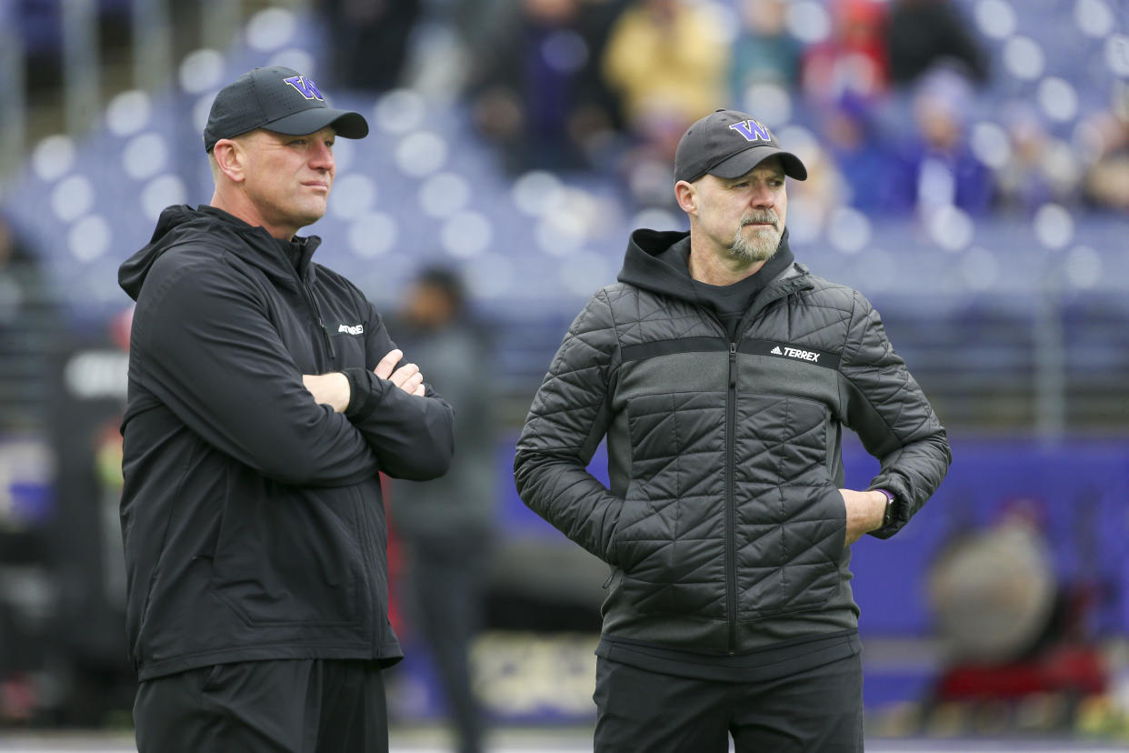 SEATTLE, WA - NOVEMBER 11: Washington head coach Karen DeBoer and Offensive Coordinator Ryan Grubb during a college football game between the Washington Huskies and the Utah Utes on November 11, 2023, at Husky Stadium in Seattle, WA. (Photo by Jesse Beals/Icon Sportswire via Getty Images)