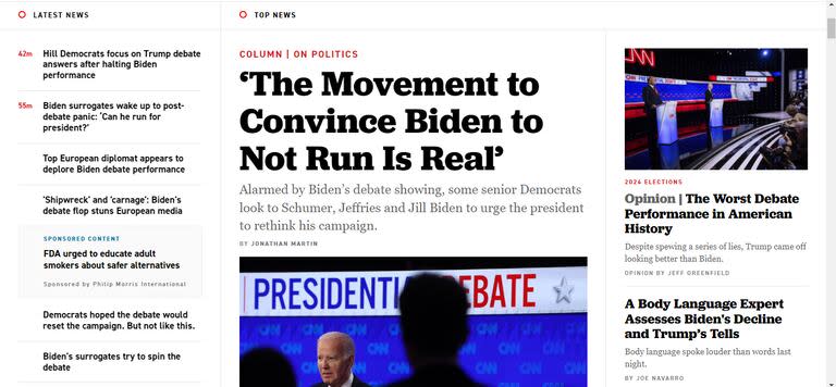 La portada de Politico sobre el debate presidencial entre el presidente de Estados Unidos Joe Biden y el ex presidente Donald Trump.