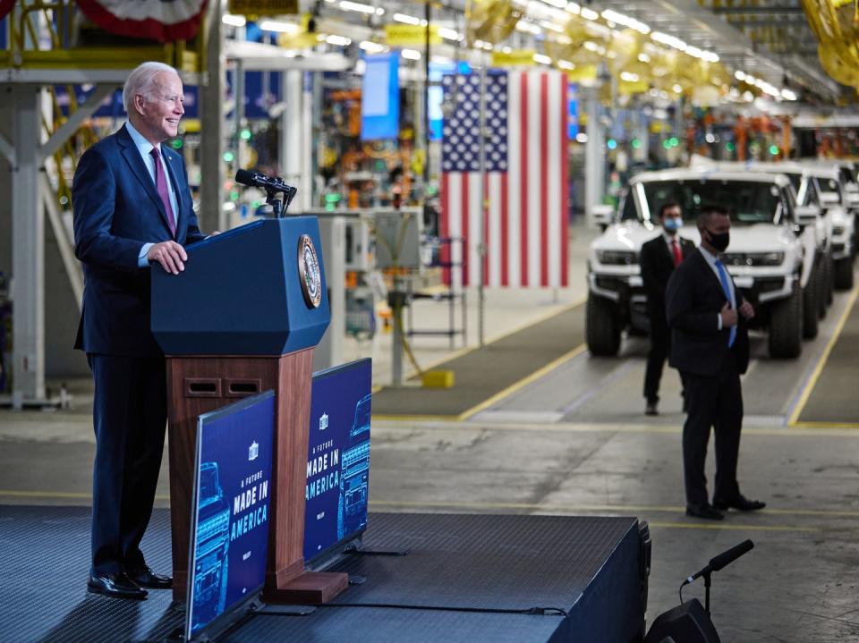 president joe biden addresses the gathering during the grand opening celebration at the gm factory zero ev assembly plant wednesday, november 17, 2021 in detroit and hamtramck, michigan gm has invested $22 billion to fully renovate the facility to build a variety of all electric trucks and suvs photo by jeffrey sauger for general motors