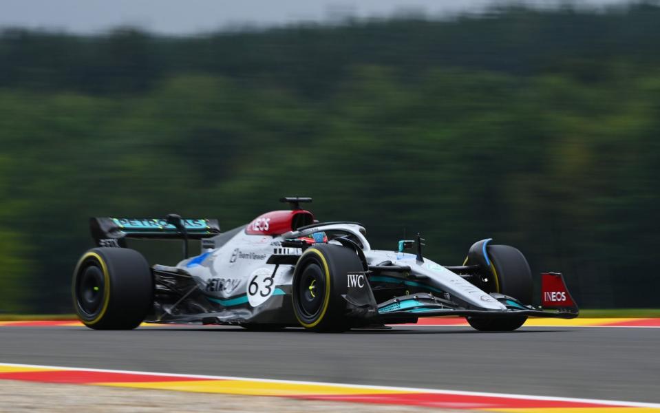 George Russell of Great Britain driving the (63) Mercedes AMG Petronas F1 Team W13 on track during practice ahead of the F1 Grand Prix of Belgium at Circuit de Spa-Francorchamps on August 26, 2022 in Spa, Belgium - Dan Mullan/Getty Images