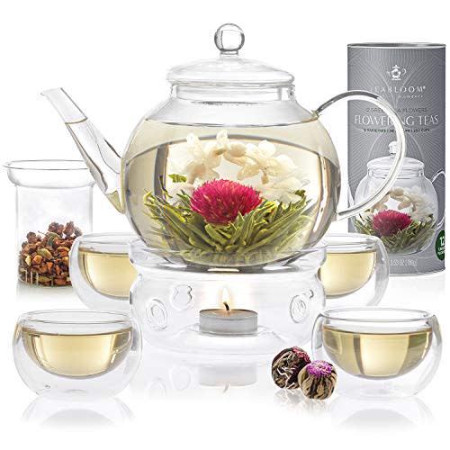 Teabloom Complete Tea Set – Glass Teapot (40 OZ), Loose Tea Glass Infuser, 4 Insulated Glass Teacups, Tea Warmer, and 12 Flowering Teas – Elegant Blooming Tea Gift Set