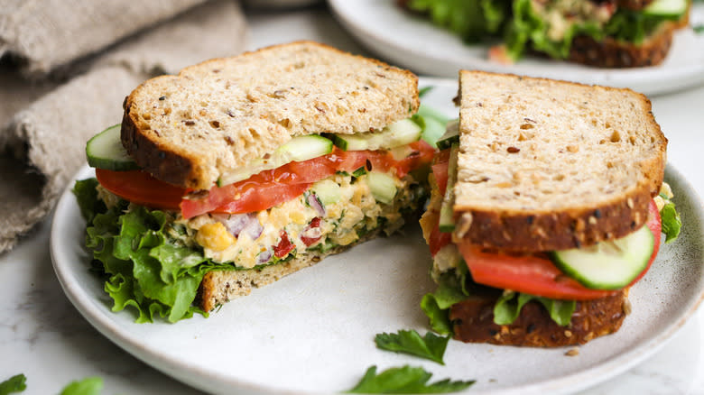 sandwich halves on white plate