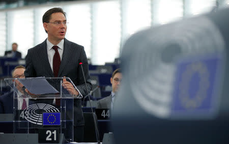 European Commission Vice President Jyrki Katainen addresses the European Parliament during a debate on the US decision to impose tariffs on steel and aluminium in Strasbourg, France March 14, 2018. REUTERS/Vincent Kessler