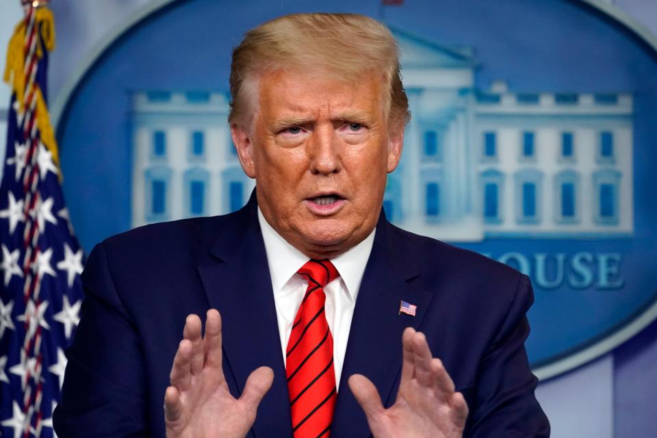 President Donald Trump speaks at a news conference in the James Brady Press Briefing Room at the White House, Monday, Aug. 31, 2020, in Washington.