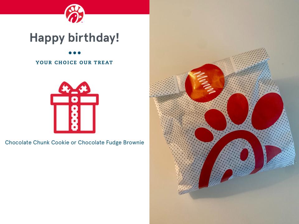 Happy Birthday reward from Chick-fil-a; A free brownie from Chick-fil-a.