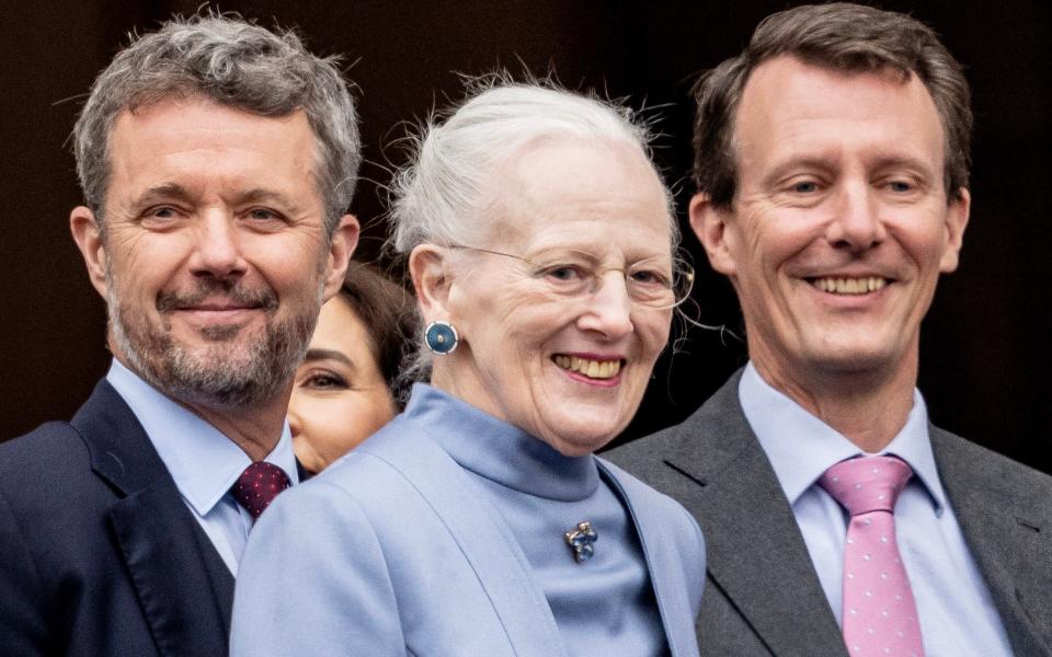 Queen Margrethe with her sons Crown Prince Frederik, who will succeed her, and and Prince Joachim