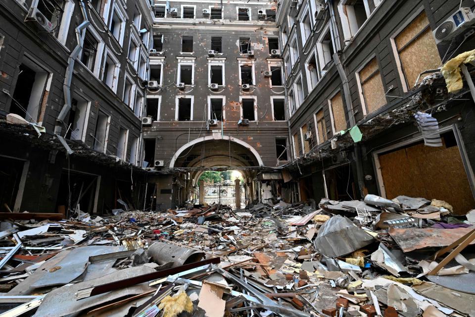 July 27, 2022: The courtyard of shopping and office complex following an attack in central Kharkiv, amid Russian invasion of Ukraine. 