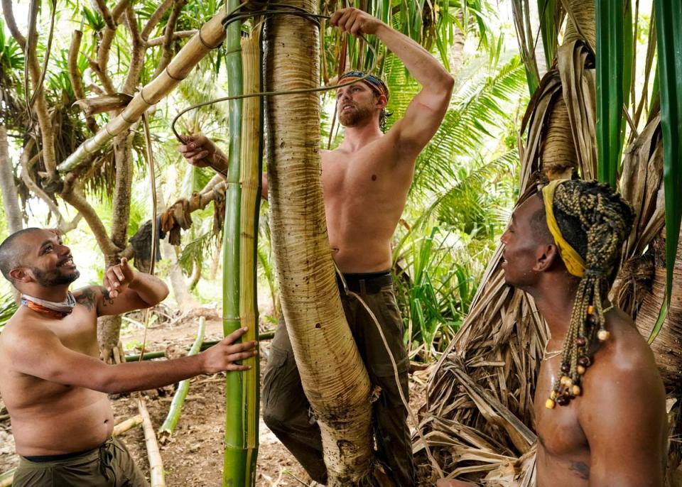 (L-R): Randen Montalvo, Hunter McKnight, and Tevin Davis on ‘Survivor 46’ (CBS)