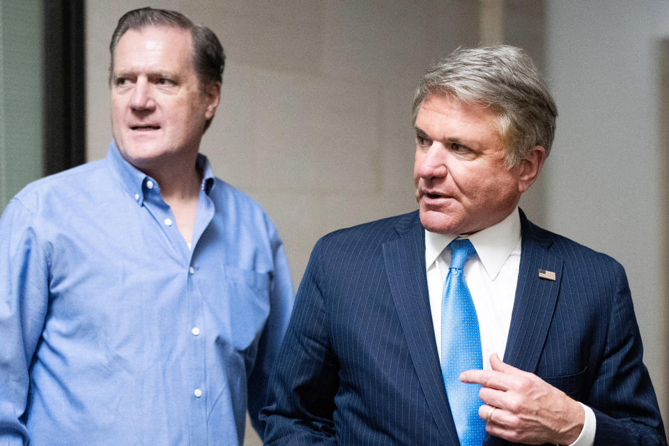 Reps. Michael McCaul, R-Texas, and Mike Turner, R-Ohio, leave a House Republican Conference candidate forum (Tom Williams / CQ-Roll Call, Inc via Getty Images file)