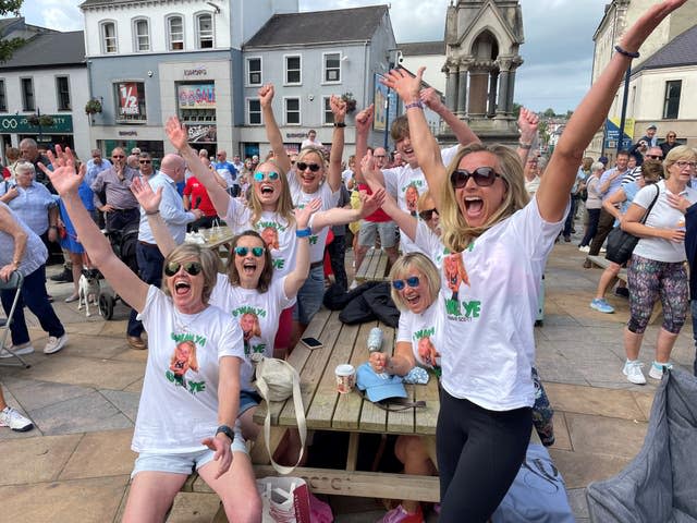 People in the centre of Coleraine in Northern Ireland at an Olympic big screen watch-along event for the final of the women’s quadruple sculls. 