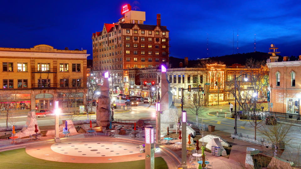 Rapid City, South Dakota, USA - May 2, 2019: Evening view of Main Street Square in the Heart of Downtown Rapid City.