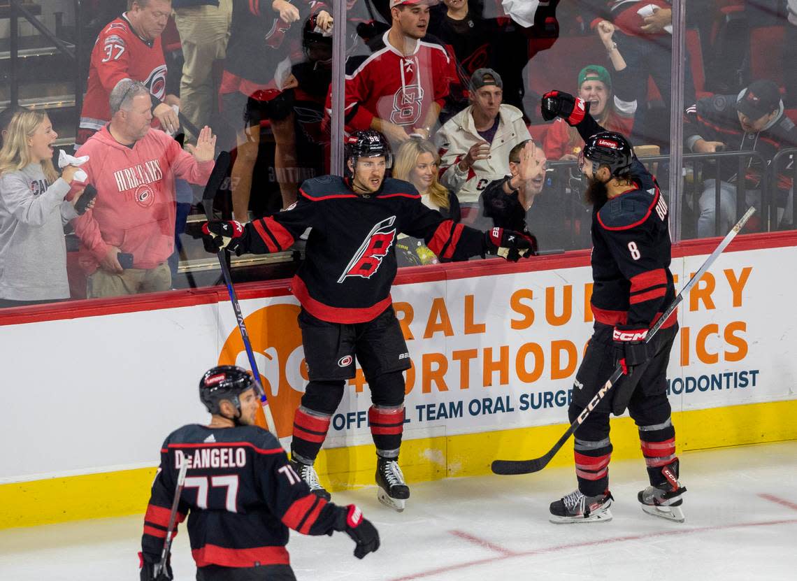 The Carolina Hurricanes Michael Bunting (58) reacts after scoring to tie Ottawa 1-1 in the second period on Wednesday, October 11, 2023 at PNC Arena, in Raleigh N.C. Robert Willett/rwillett@newsobserver.com