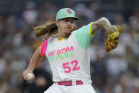 San Diego Padres starting pitcher Mike Clevinger works against a Chicago White Sox batter during the third inning of a baseball game Saturday, Oct. 1, 2022, in San Diego. (AP Photo/Gregory Bull)