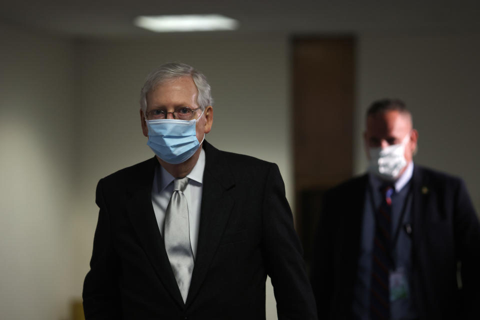 WASHINGTON, DC - NOVEMBER 18:  U.S. Senate Majority Leader Sen. Mitch McConnell (R-KY) leaves after a Senate Republican policy luncheon at the Hart Senate Office Building November 18, 2020 on Capitol Hill in Washington, DC. Senate GOP members held a policy luncheon to discuss the Republican agenda.  (Photo by Alex Wong/Getty Images)