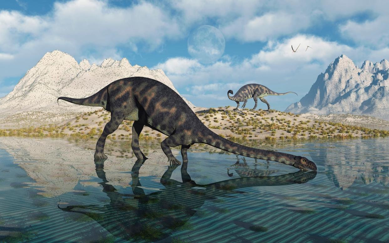 An illustration of two Massospondylus dinosaurs in and near a stream