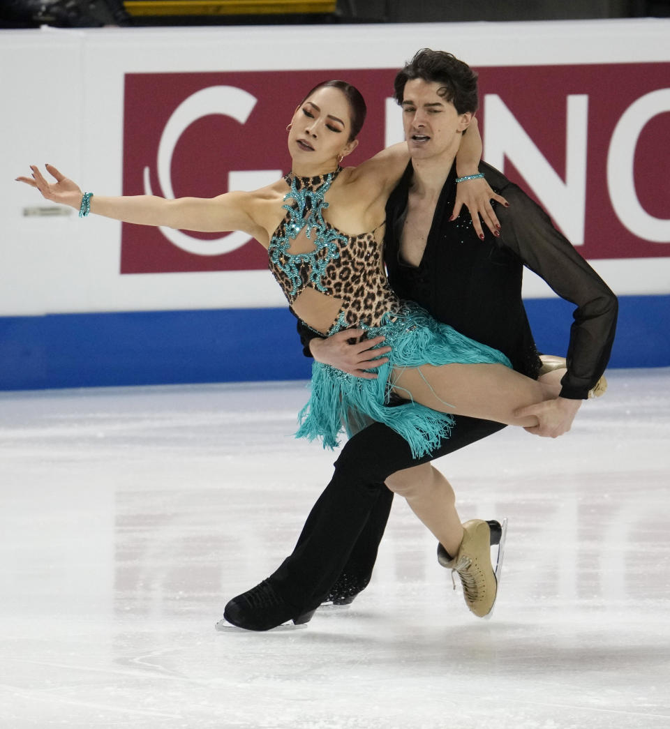 Misato Komatsubara and Tim Koleto of Japan perform in the ice dance rhythm dance program at the Four Continents Figure Skating Championships Friday, Feb. 10, 2023, in Colorado Springs, Colo. (AP Photo/David Zalubowski)