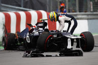 MONTREAL, CANADA - JUNE 08: Bruno Senna of Brazil and Williams crashes at the last corner during practice for the Canadian Formula One Grand Prix at the Circuit Gilles Villeneuve on June 8, 2012 in Montreal, Canada. (Photo by Paul Gilham/Getty Images)