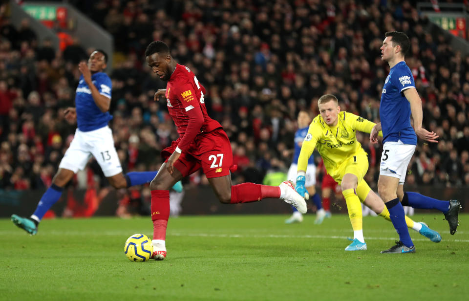 Liverpool's Divock Origi scores his side's first goal of the game during the Premier League match at Anfield, Liverpool. (Photo by Richard Sellers/PA Images via Getty Images)