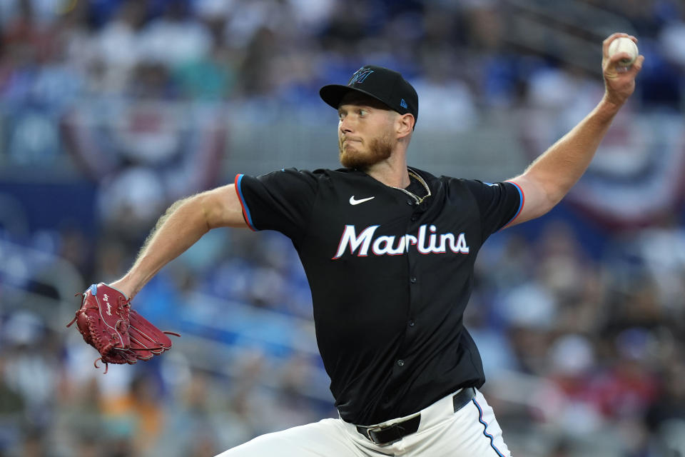 Miami Marlins' A.J. Puk delivers a pitch during the first inning of a baseball game against the Pittsburgh Pirates, Friday, March 29, 2024, in Miami. (AP Photo/Wilfredo Lee)