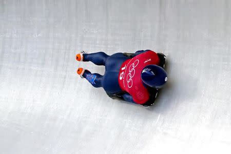 Feb 13, 2018; Pyeongchang, South Korea; Jerry Rice of Great Britain in the Men's Skeleton Men's Official Traing during the Pyeongchang 2018 Olympic Winter Games at the Olympic Sliding Center. Mandatory Credit: Peter Casey-USA TODAY Sports