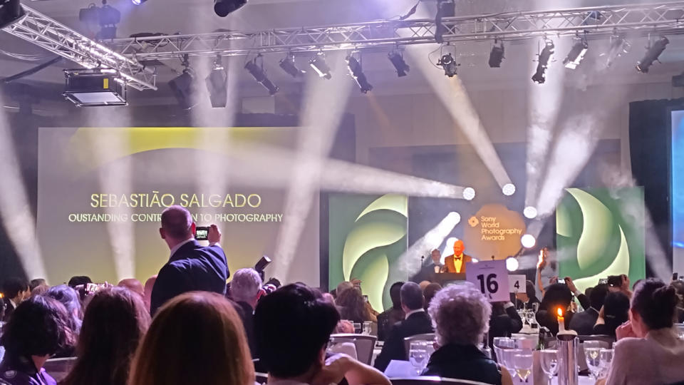 Photograph of Sebastião Salgado being recognised with an Outstanding Contribution to Photography award at the Sony World Photography Awards 2024