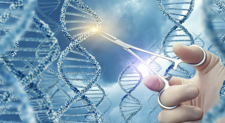 a stylized image of a Doctor touching a medical clamp a DNA molecule