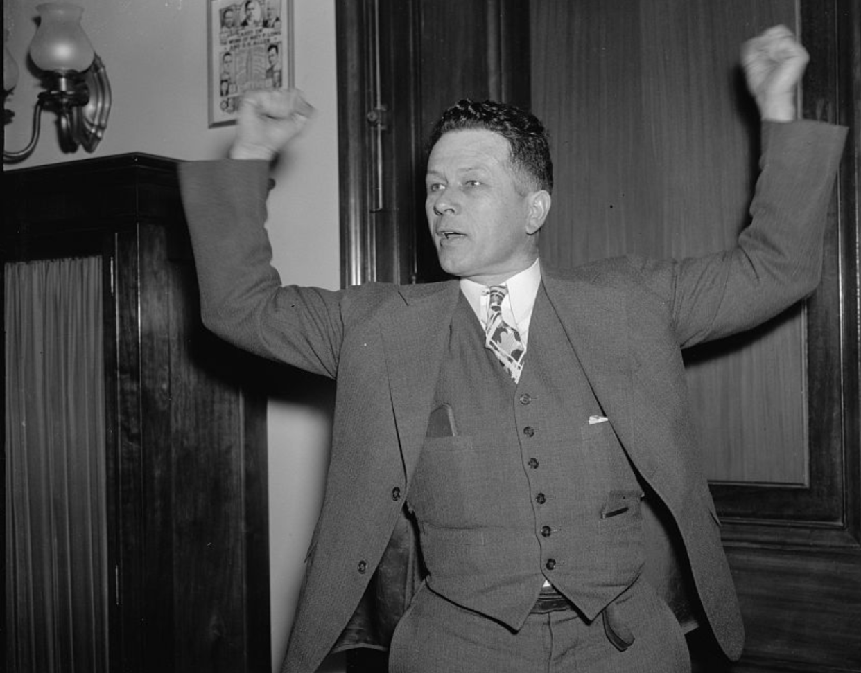 U.S. Sen. Allen Ellender of Terrebone Parish prepares to return to his 1938  filibuster against a bill that would have outlawed lynching  across the country. The bill failed.