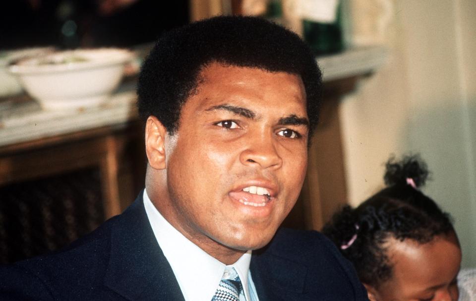 World heavyweight boxing champion Muhammad  Ali at the cafe Royal, after the London Press showing of his biographical film 