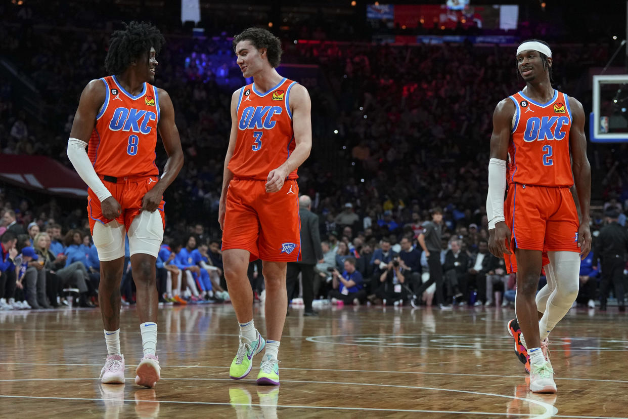 Jalen Williams, Josh Giddey and Shai Gilgeous-Alexander are part of the Oklahoma City Thunder's bright future. (Mitchell Leff/Getty Images)