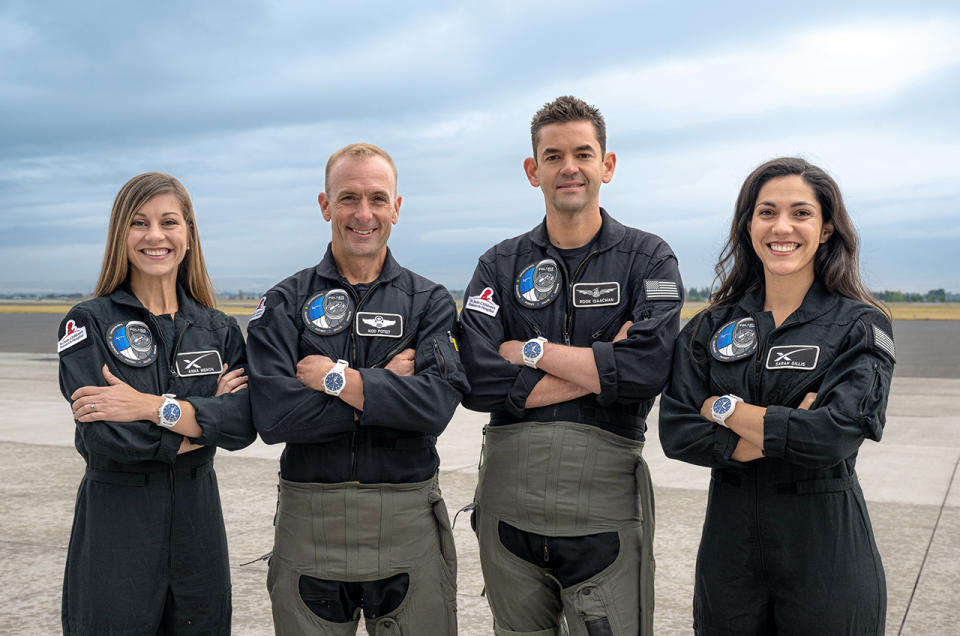 The Polaris Dawn crew with their IWC Schaffhausen Pilot's Watch Chronograph Edition watches. From left: mission specialist Anna Menon, pilot Scott 