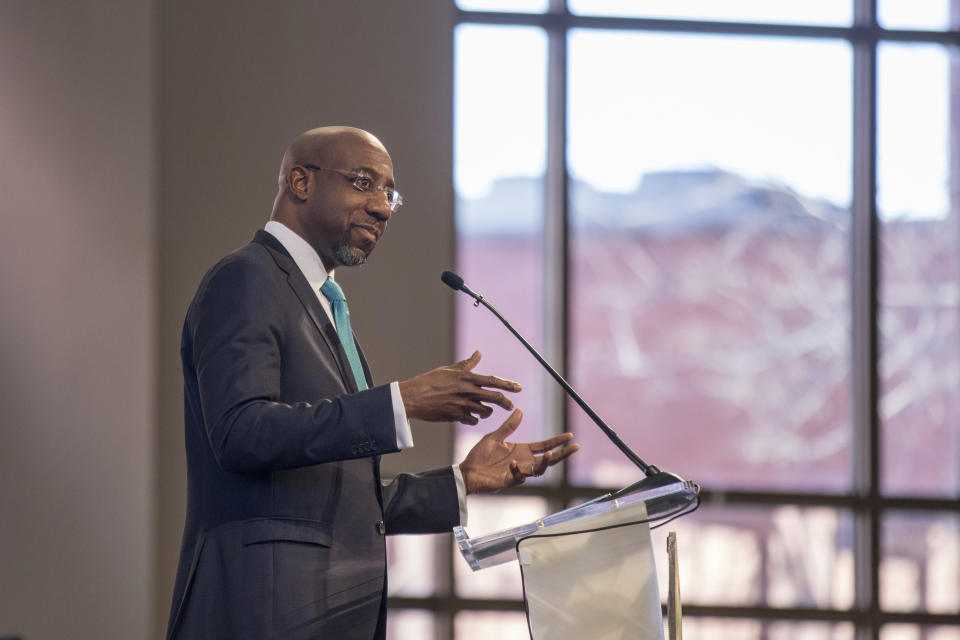 The Rev. Raphael G. Warnock speaks during the Martin Luther King, Jr. annual commemorative service at Ebenezer Baptist Church in Atlanta on Monday, Jan. 20, 2020. (Branden Camp/Atlanta Journal-Constitution via AP)