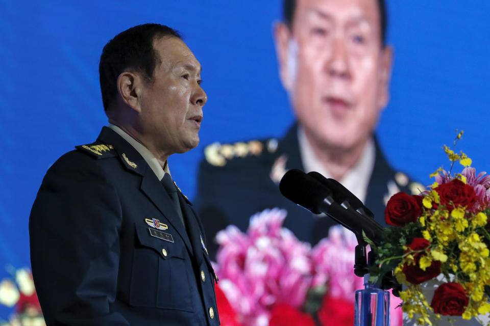 Chinese Defense Minister Wei Fenghe delivers his opening speech for the Xiangshan Forum, a gathering of the region's security officials, in Beijing, Monday, Oct. 21, 2019. Wei issued a stinging rebuke of the U.S. at a defense forum in Beijing, saying China wasn't fazed by sanctions, pressure and a "big stick policy." (AP Photo/Andy Wong)