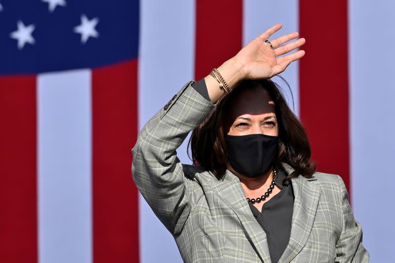 Democratic U.S. vice presidential nominee and Senator Kamala Harris takes part in a drive-in campaign event in Las Vegas