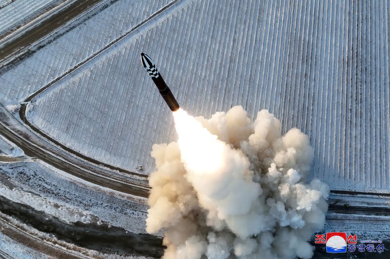 A Hwasong-18 intercontinental ballistic missile is launched during a drill