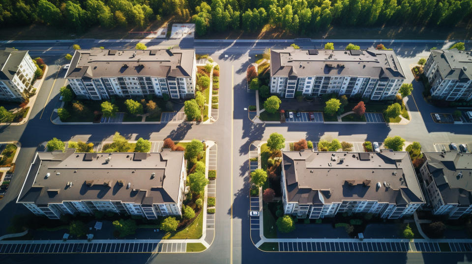 An aerial shot of an apartment community, highlighting the sense of community.