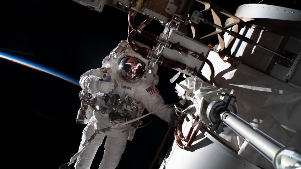 Rubio is shown during a spacewalk tethered to the International Space Station's starboard truss structure on November 15, 2022. - NASA