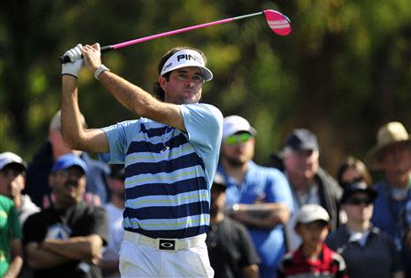 February 16, 2014; Pacific Palisades, CA, USA; Bubba Watson hits from the second hole tee during the final round of the Northern Trust Open at Riviera Country Club. Gary A. Vasquez-USA TODAY Sports