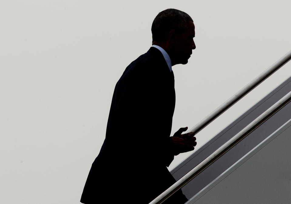 <p>President Obama boards Air Force One, June 16, 2016, at Andrews Air Force Base, Md., for trip to Orlando, Fla. (AP/Pablo Martinez Monsivais) </p>