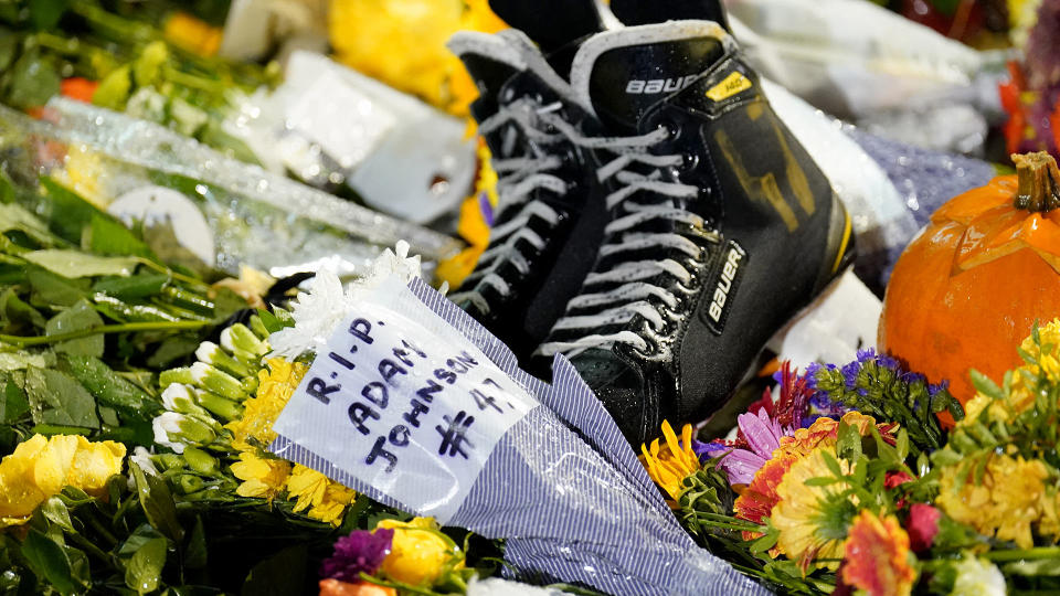 Floral tributes outside the Motorpoint Arena, Nottingham, ahead of a memorial for Nottingham Panthers' ice hockey player Adam Johnson. Picture date: Saturday November 4, 2023. (Photo by Zac Goodwin/PA Images via Getty Images)