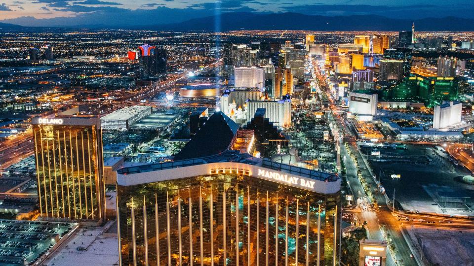 Las Vegas, Nevada, USA -  July 2017: Aerial view of Las Vegas Skyline at Dusk.