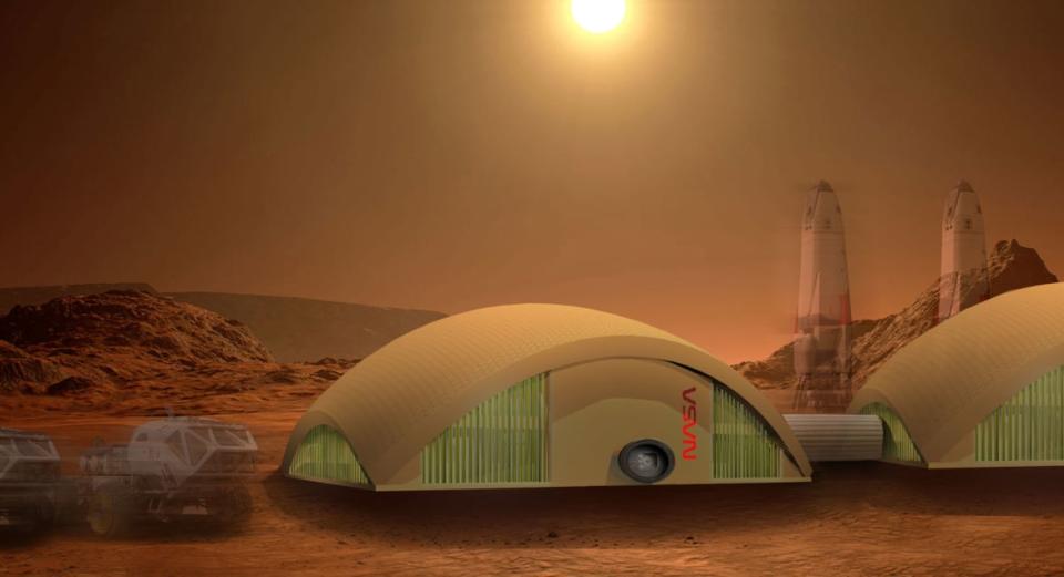 <div class="inline-image__caption"><p>Artist's concept of a habitat on Mars built using fungal material. </p></div> <div class="inline-image__credit">redhouse studios</div>