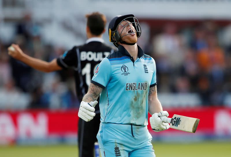 FILE PHOTO: England's Ben Stokes reacts after running 3 in the superover during 2019 Cricket World Cup final v New Zealand