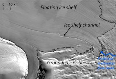 An ice-shelf channel is visible on the MODIS Mosaic of Antarctica image map. The predicted flow route of water beneath the grounded ice sheet aligns with the initiation of the ice-shelf channel. The dashed line marks the point at which the ice