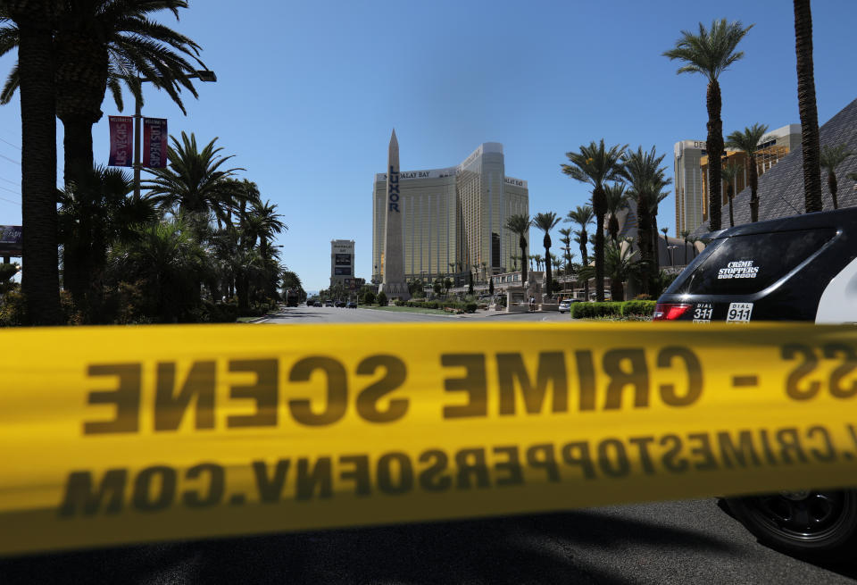 Police crime scene tape marks a perimeter outside the Luxor Las Vegas hotel and the Mandalay Bay Resort and Casino.&nbsp; (Photo: Mike Blake/Reuters)