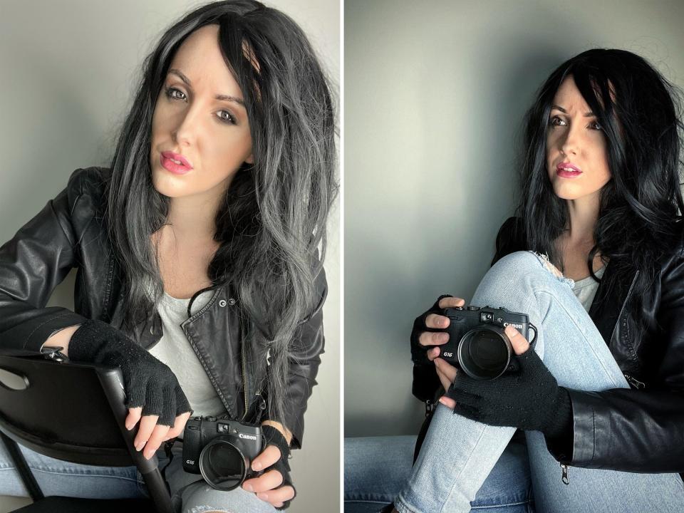 Two photos of a woman dressed as Jessica Jones sitting down with a camera in her hand.